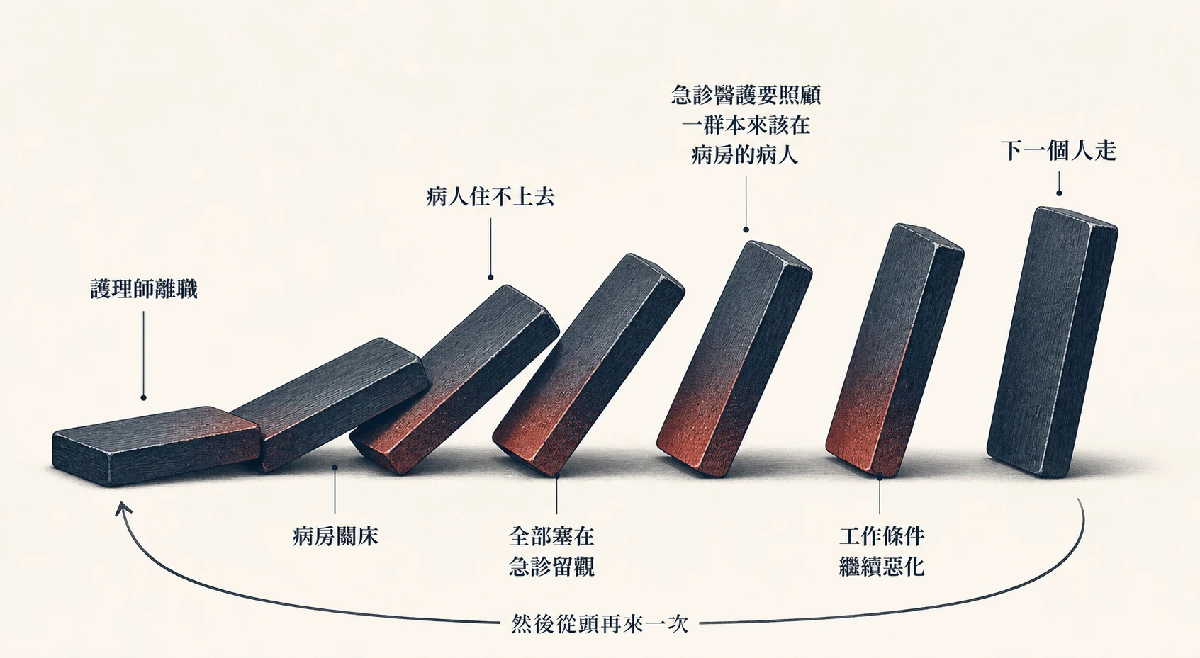七張骨牌依序倒下:護理師離職、病房關床、病人住不上去、全部塞在急診留觀、急診醫護要照顧一群本來該在病房的病人、工作條件繼續惡化、下一個人走,然後從頭再來一次。