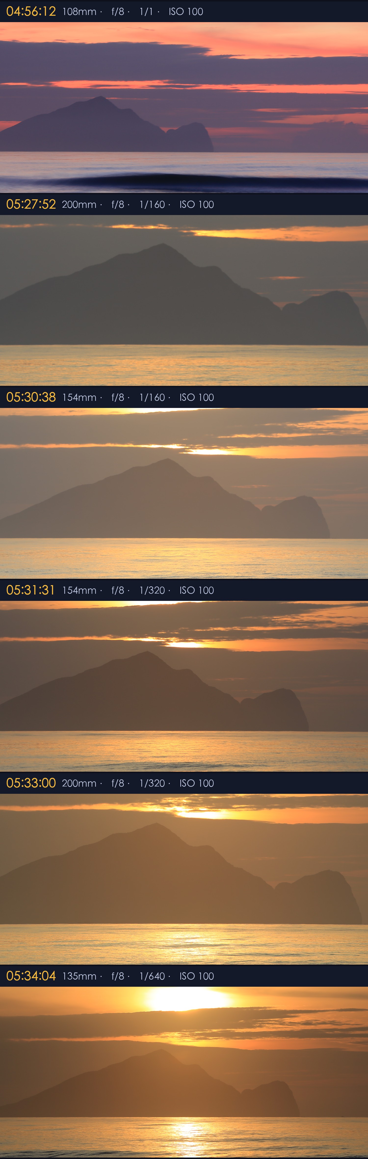 04:56 到 05:34 的六張連拍，島的大小與位置對齊，只有光在變