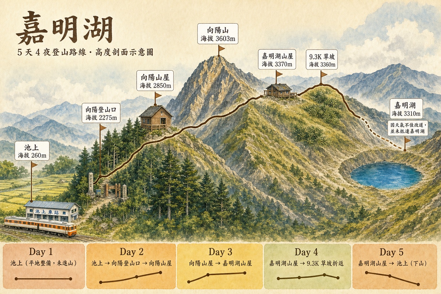 嘉明湖 5 天 4 夜行程・高度剖面示意圖